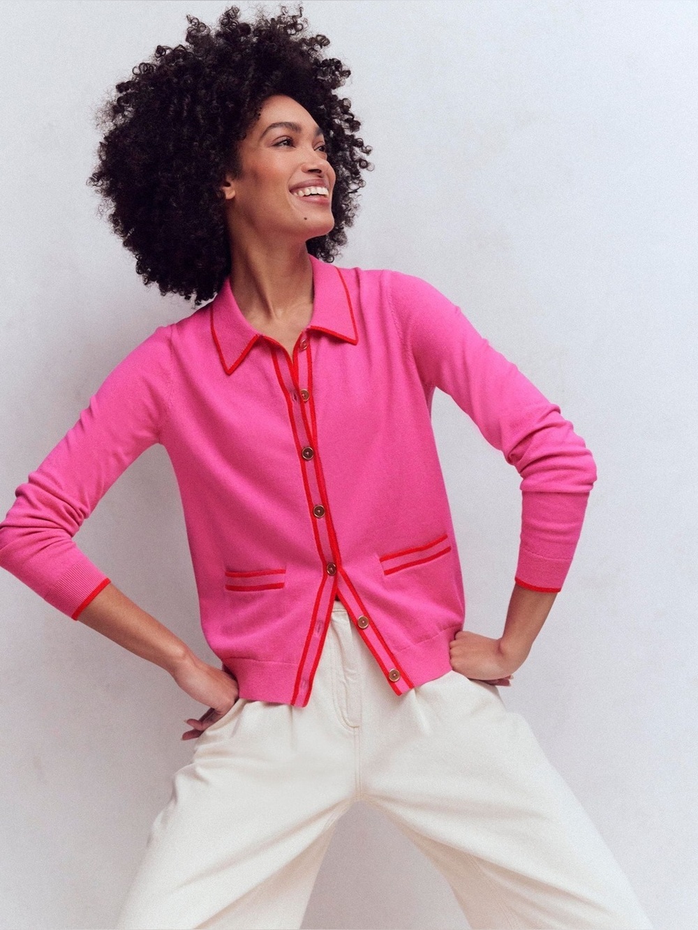 Boden Liz Cotton Wool Knit Contrast-Trim Collared Cardigan size Small